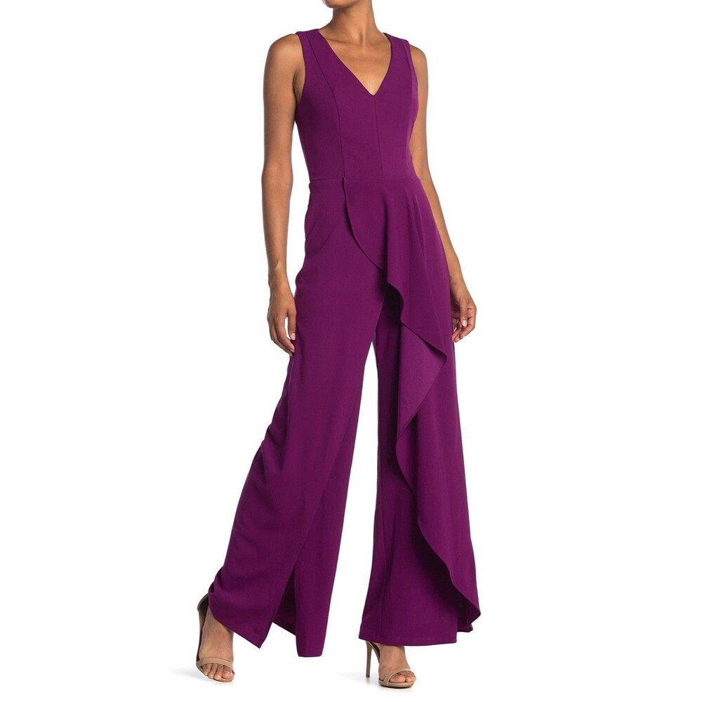 Marina Purple V-Neck Sleeveless Ruffle Wide-Leg Jumpsuit Womens Size 6